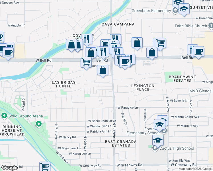 map of restaurants, bars, coffee shops, grocery stores, and more near 16495 North 67th Drive in Peoria
