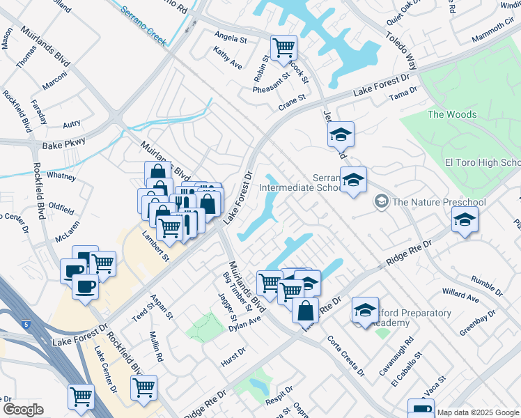 map of restaurants, bars, coffee shops, grocery stores, and more near 22576 Lake Forest Lane in Lake Forest