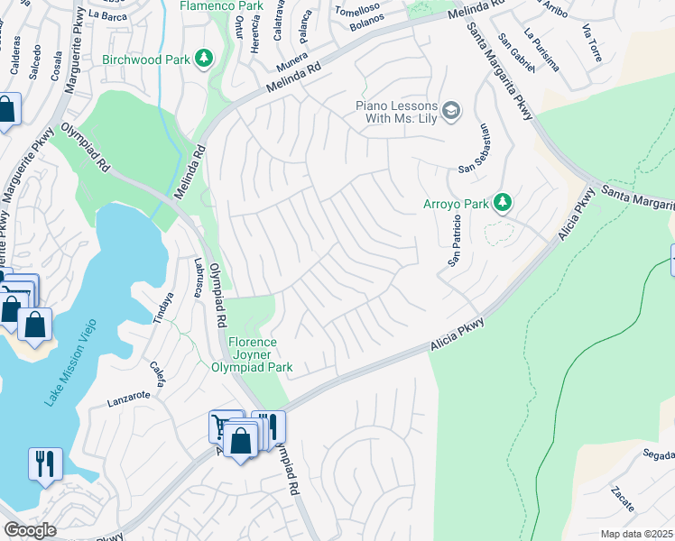 map of restaurants, bars, coffee shops, grocery stores, and more near 22531 Parkfield in Mission Viejo
