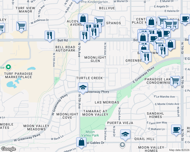 map of restaurants, bars, coffee shops, grocery stores, and more near 406 West Sandra Terrace in Phoenix
