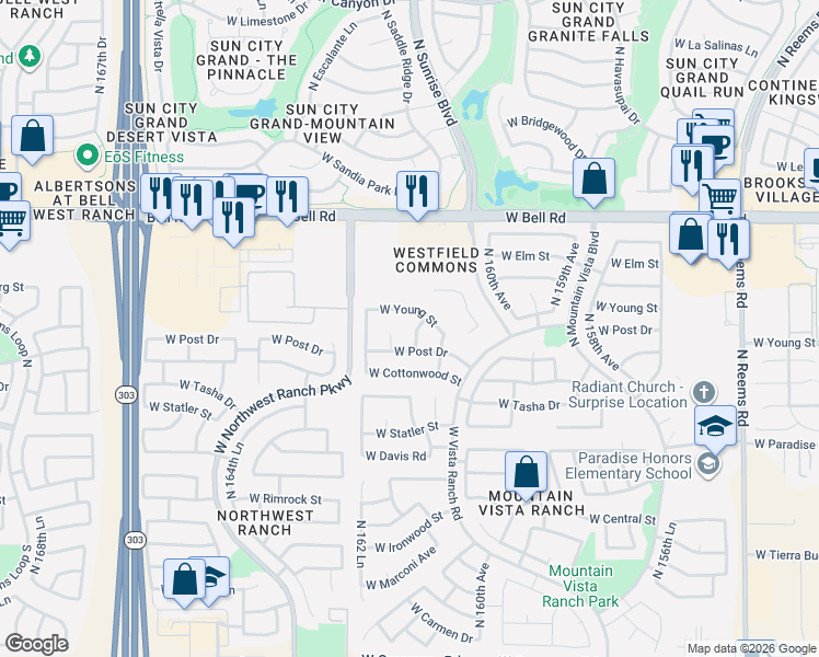 map of restaurants, bars, coffee shops, grocery stores, and more near 16592 North 162nd Avenue in Surprise