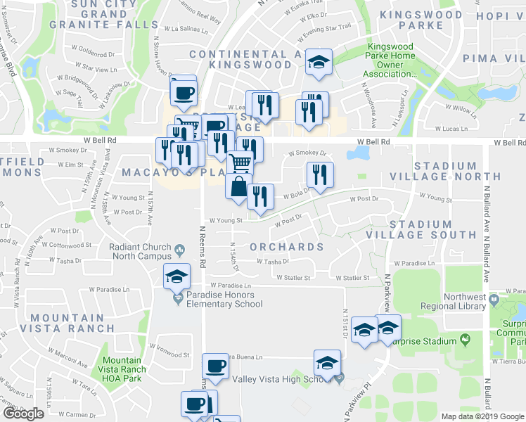 map of restaurants, bars, coffee shops, grocery stores, and more near 16609 North 153rd Avenue in Surprise