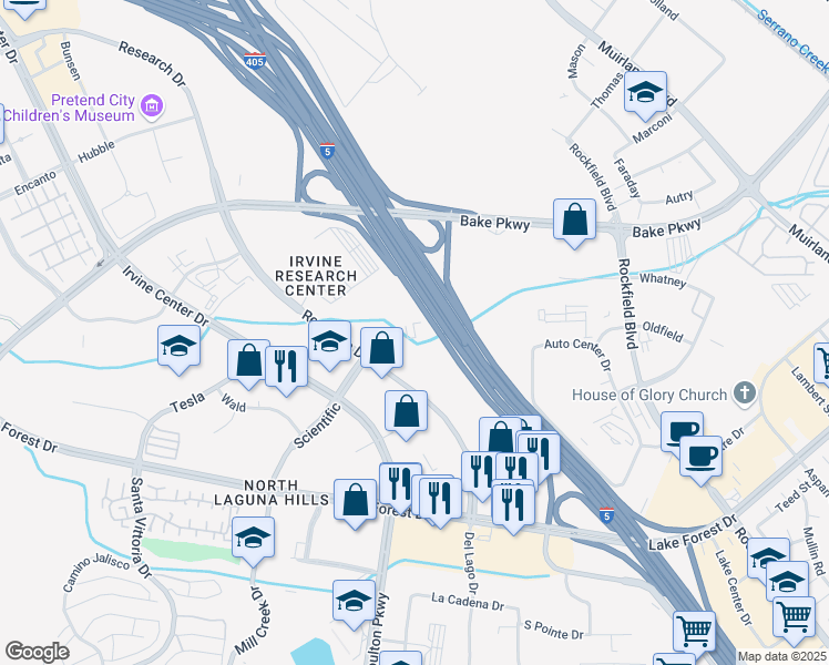 map of restaurants, bars, coffee shops, grocery stores, and more near 14500 Scientific in Irvine