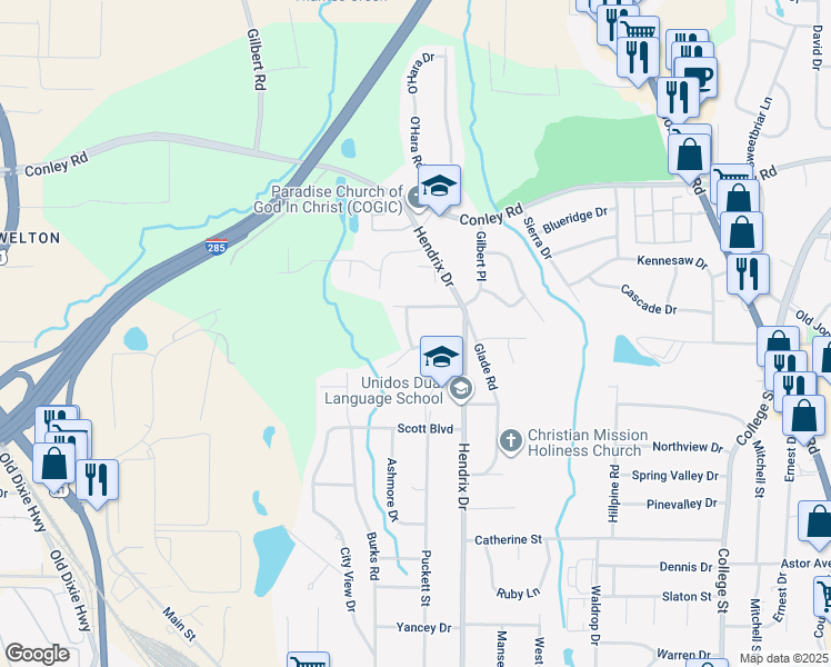 map of restaurants, bars, coffee shops, grocery stores, and more near 4374 Springwood Terrace in Forest Park