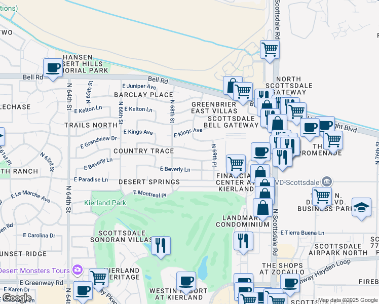 map of restaurants, bars, coffee shops, grocery stores, and more near 6825 East Sandra Terrace in Scottsdale