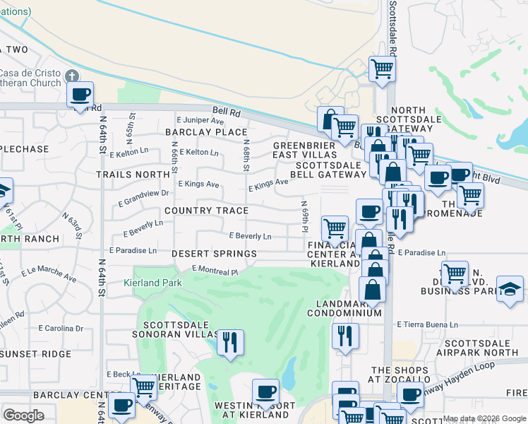 map of restaurants, bars, coffee shops, grocery stores, and more near 6825 East Sandra Terrace in Scottsdale