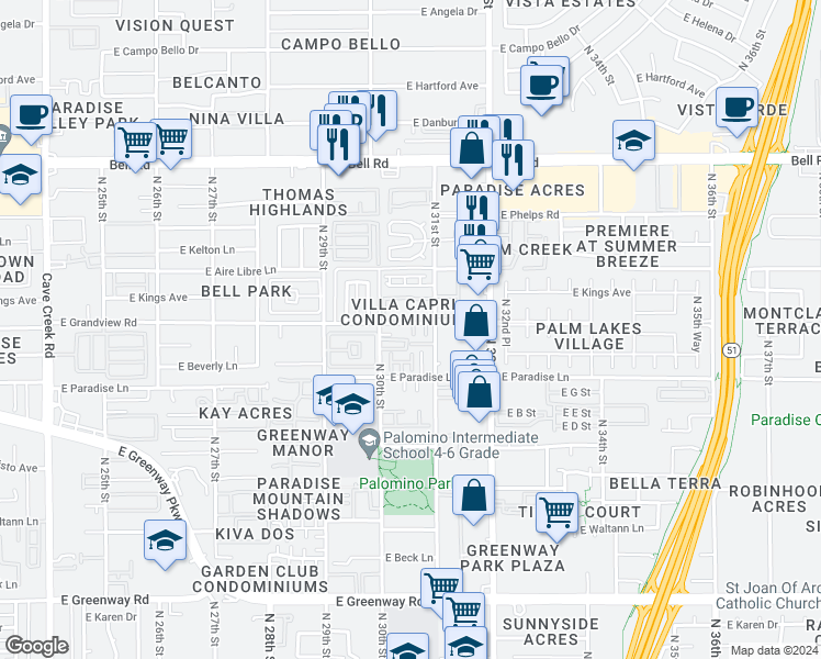 map of restaurants, bars, coffee shops, grocery stores, and more near 3050 Scully Drive in Phoenix