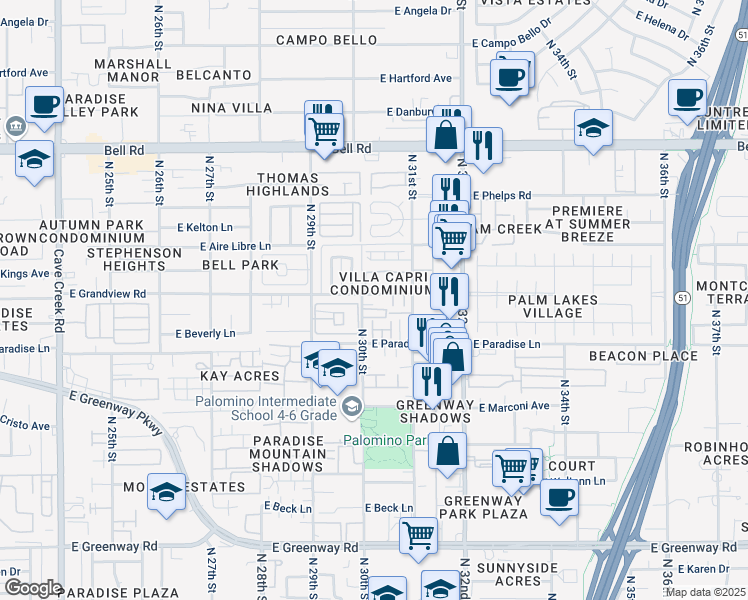 map of restaurants, bars, coffee shops, grocery stores, and more near 3050 Scully Drive in Phoenix