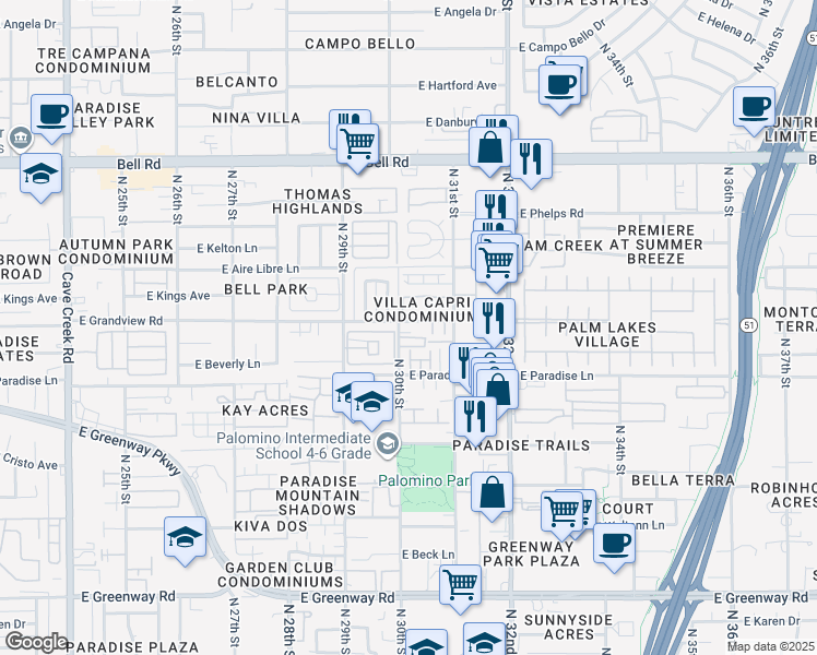 map of restaurants, bars, coffee shops, grocery stores, and more near 3050 Scully Drive in Phoenix