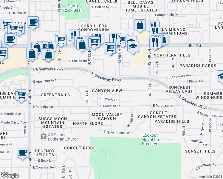map of restaurants, bars, coffee shops, grocery stores, and more near 1327 East Sandra Terrace in Phoenix
