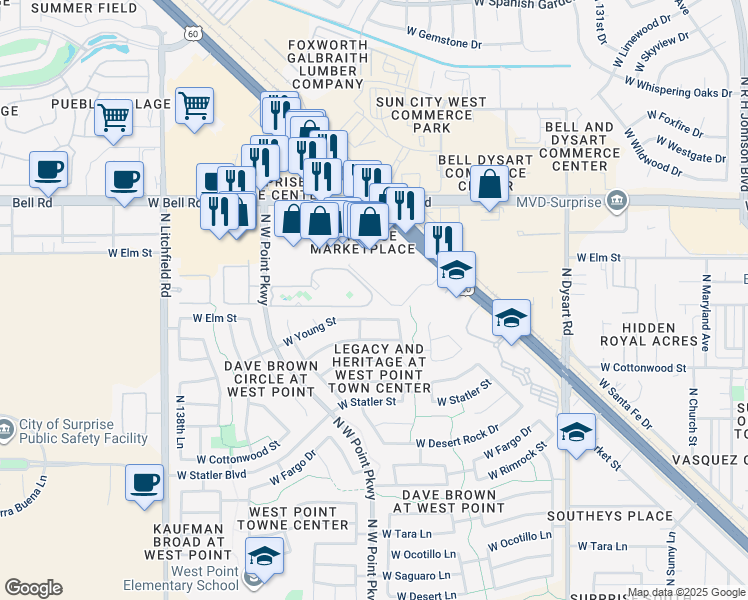 map of restaurants, bars, coffee shops, grocery stores, and more near 13462 West Young Street in Surprise