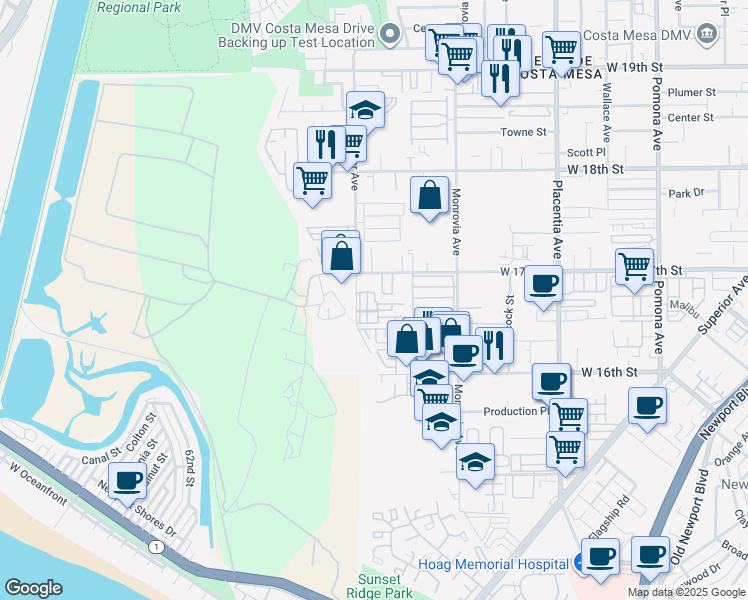 map of restaurants, bars, coffee shops, grocery stores, and more near 1685 Whittier Avenue in Costa Mesa