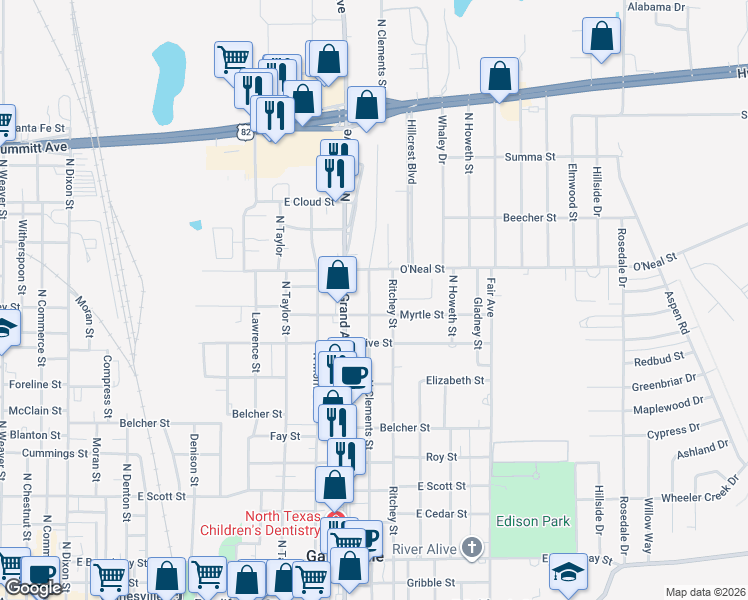 map of restaurants, bars, coffee shops, grocery stores, and more near 1001 North Clements Street in Gainesville