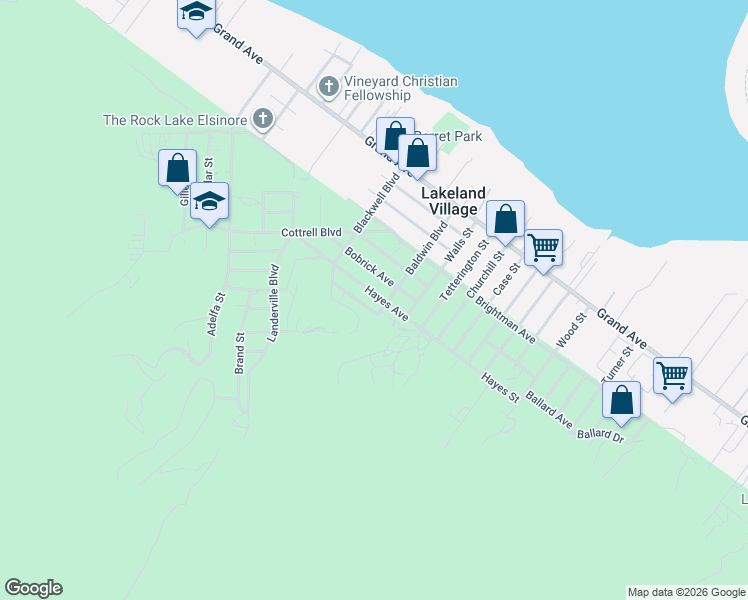 map of restaurants, bars, coffee shops, grocery stores, and more near 17657 Hayes Avenue in Lake Elsinore