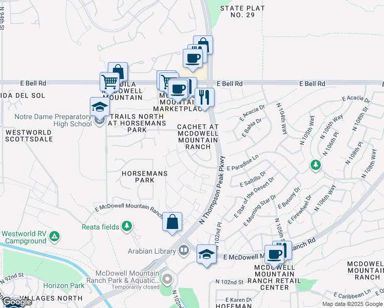 map of restaurants, bars, coffee shops, grocery stores, and more near 16420 East Paradise Lane in Scottsdale