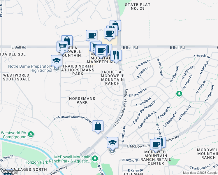 map of restaurants, bars, coffee shops, grocery stores, and more near 16420 East Paradise Lane in Scottsdale