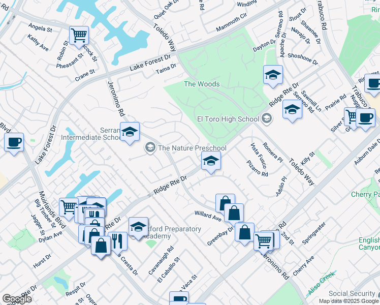 map of restaurants, bars, coffee shops, grocery stores, and more near 24881 Village Wood Lane in Lake Forest