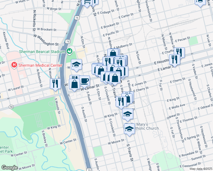 map of restaurants, bars, coffee shops, grocery stores, and more near 118 West Lamar Street in Sherman