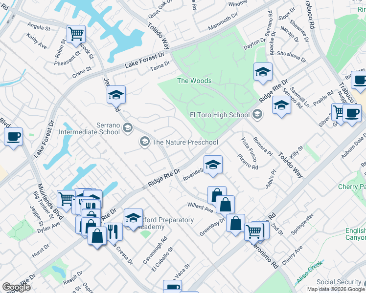 map of restaurants, bars, coffee shops, grocery stores, and more near 24881 Village Wood Lane in Lake Forest