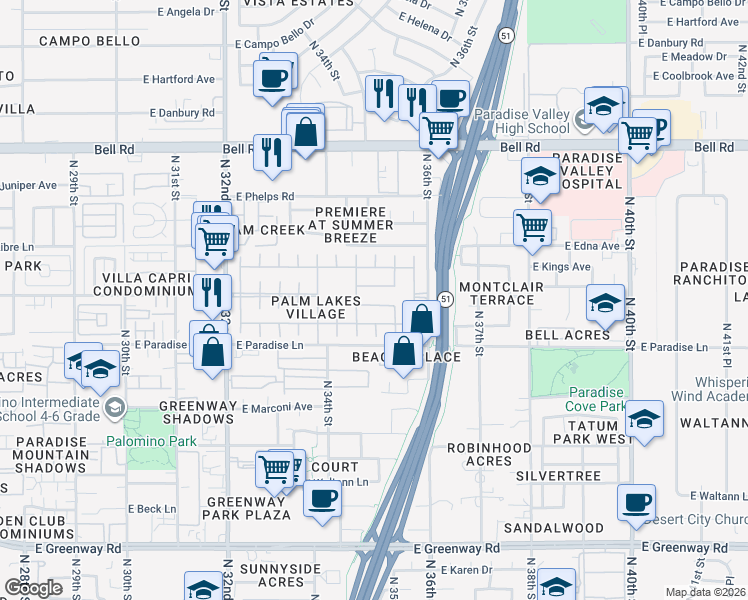map of restaurants, bars, coffee shops, grocery stores, and more near 3512 East Beverly Lane in Phoenix