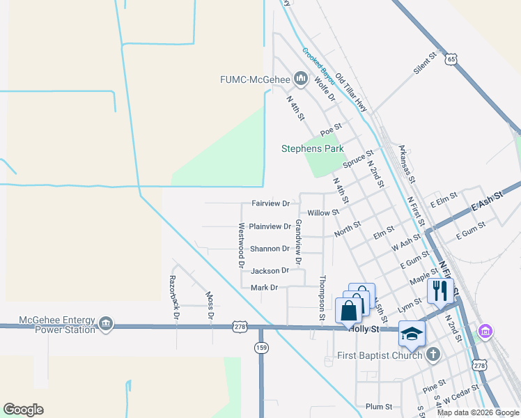 map of restaurants, bars, coffee shops, grocery stores, and more near 9 Plainview Drive in McGehee