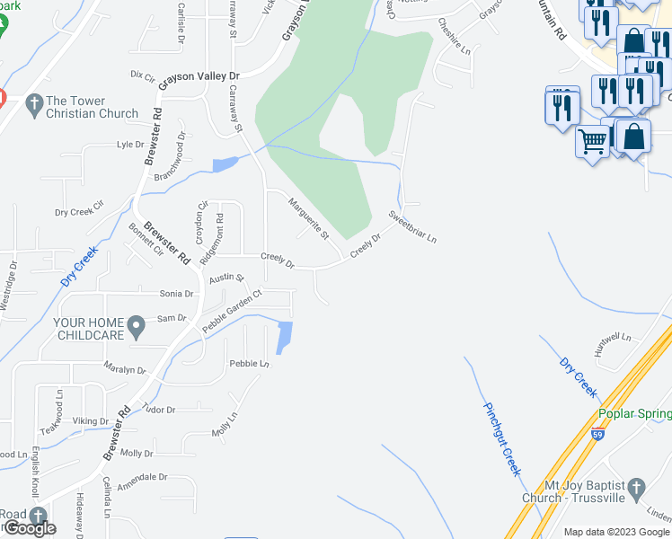 map of restaurants, bars, coffee shops, grocery stores, and more near 1800 Creely Drive in Birmingham