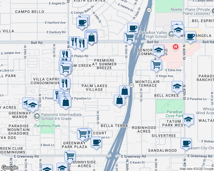 map of restaurants, bars, coffee shops, grocery stores, and more near 16226 North 34th Way in Phoenix