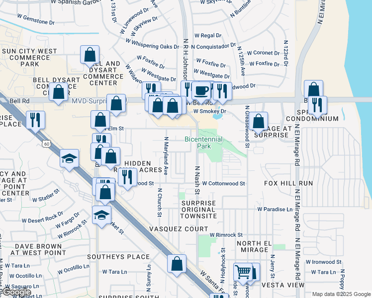 map of restaurants, bars, coffee shops, grocery stores, and more near 16591 North Desert Sage Drive in Surprise