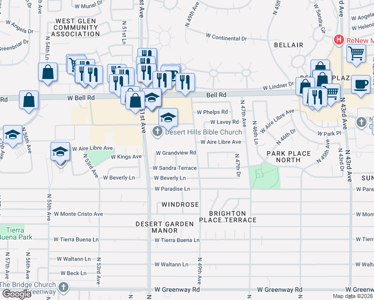 map of restaurants, bars, coffee shops, grocery stores, and more near 4920 West Grandview Road in Glendale