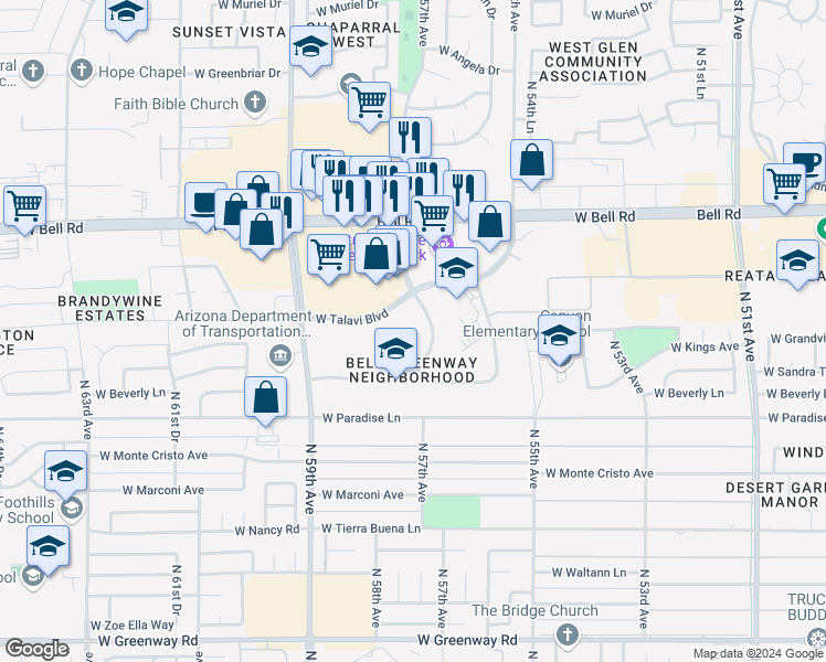 map of restaurants, bars, coffee shops, grocery stores, and more near 5701 West Talavi Boulevard in Glendale