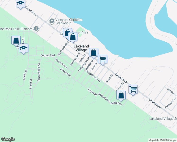 map of restaurants, bars, coffee shops, grocery stores, and more near 33140 Pederson Street in Lake Elsinore