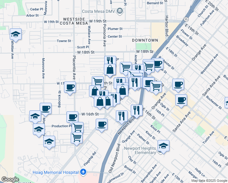 map of restaurants, bars, coffee shops, grocery stores, and more near 1653 Topanga in Costa Mesa