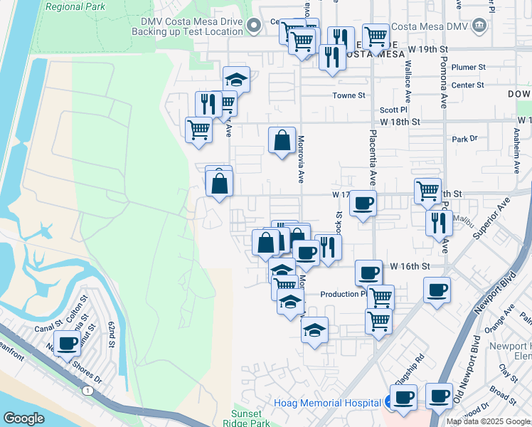 map of restaurants, bars, coffee shops, grocery stores, and more near 1660 Whittier Avenue in Costa Mesa