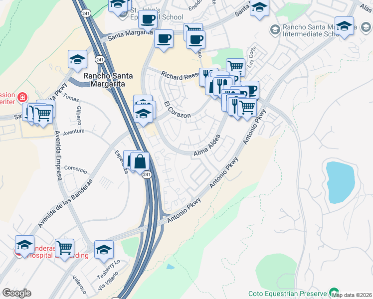 map of restaurants, bars, coffee shops, grocery stores, and more near 22 Calle De Los Ninos in Rancho Santa Margarita