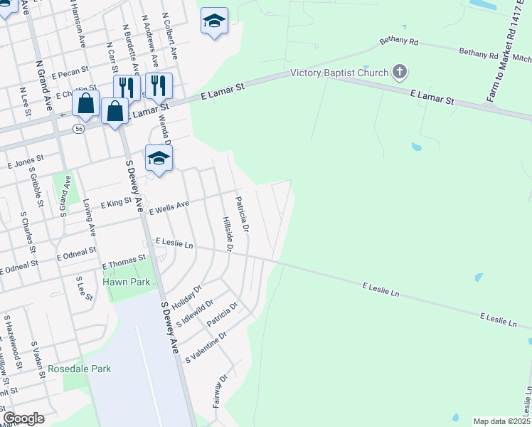 map of restaurants, bars, coffee shops, grocery stores, and more near 729 South Valentine Drive in Sherman
