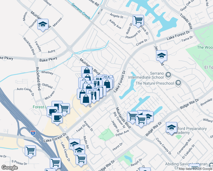 map of restaurants, bars, coffee shops, grocery stores, and more near 23334 Muirlands Boulevard in Lake Forest