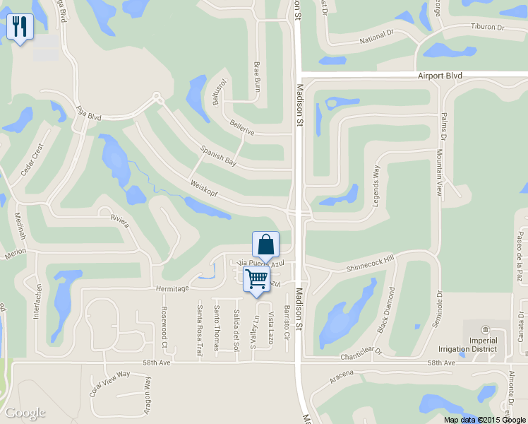 map of restaurants, bars, coffee shops, grocery stores, and more near 80915 Weiskopf in La Quinta
