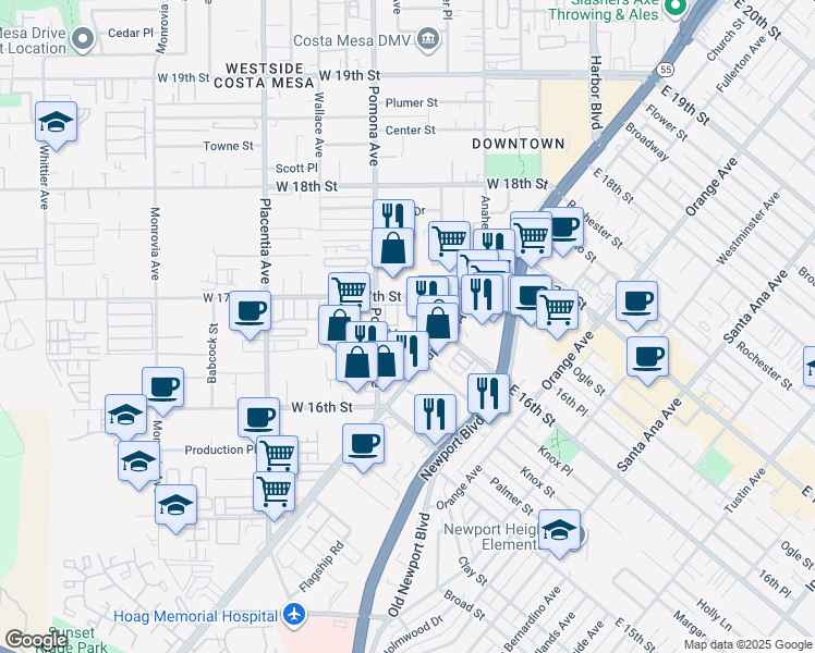 map of restaurants, bars, coffee shops, grocery stores, and more near 1651 Topanga in Costa Mesa