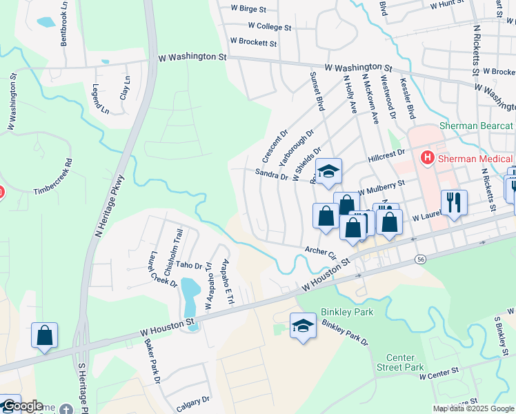 map of restaurants, bars, coffee shops, grocery stores, and more near 1800 Crescent Drive in Sherman