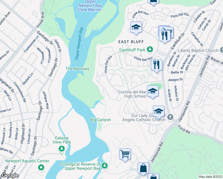 map of restaurants, bars, coffee shops, grocery stores, and more near 1965 Vista Del Oro in Newport Beach
