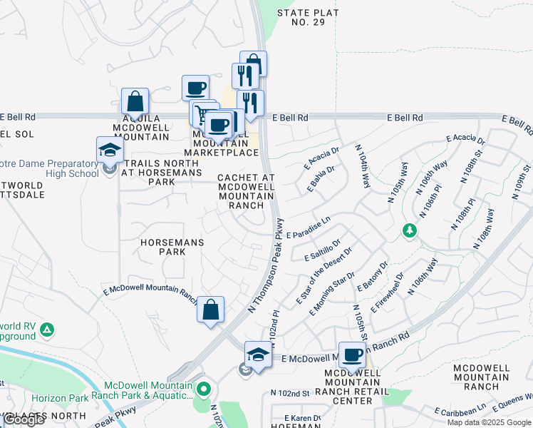 map of restaurants, bars, coffee shops, grocery stores, and more near 16420 North Thompson Peak Parkway in Scottsdale