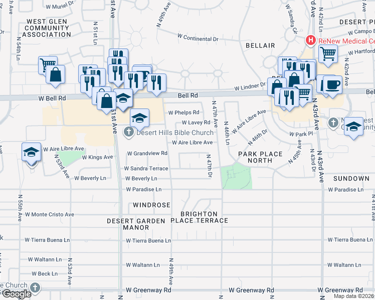 map of restaurants, bars, coffee shops, grocery stores, and more near 4818 West Sandra Terrace in Glendale