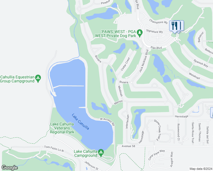 map of restaurants, bars, coffee shops, grocery stores, and more near 56980 Merion in La Quinta