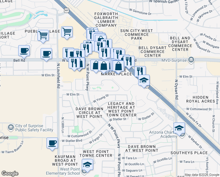 map of restaurants, bars, coffee shops, grocery stores, and more near 16623 North West Point Parkway in Surprise