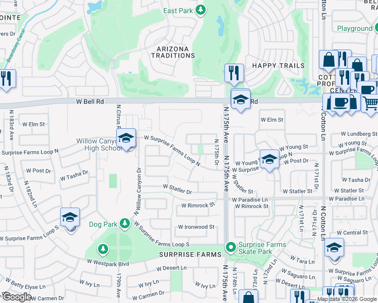 map of restaurants, bars, coffee shops, grocery stores, and more near 16600 North 176th Lane in Surprise