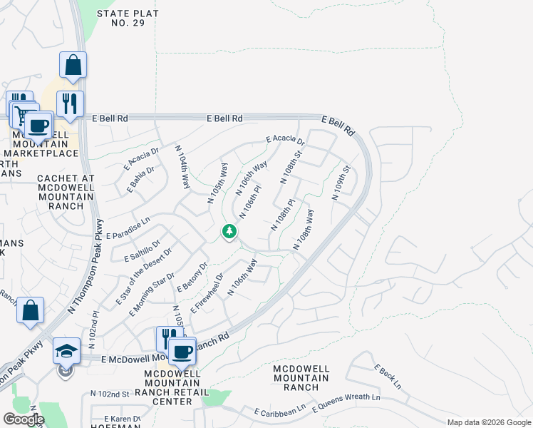 map of restaurants, bars, coffee shops, grocery stores, and more near 10853 East Cosmos Circle in Scottsdale