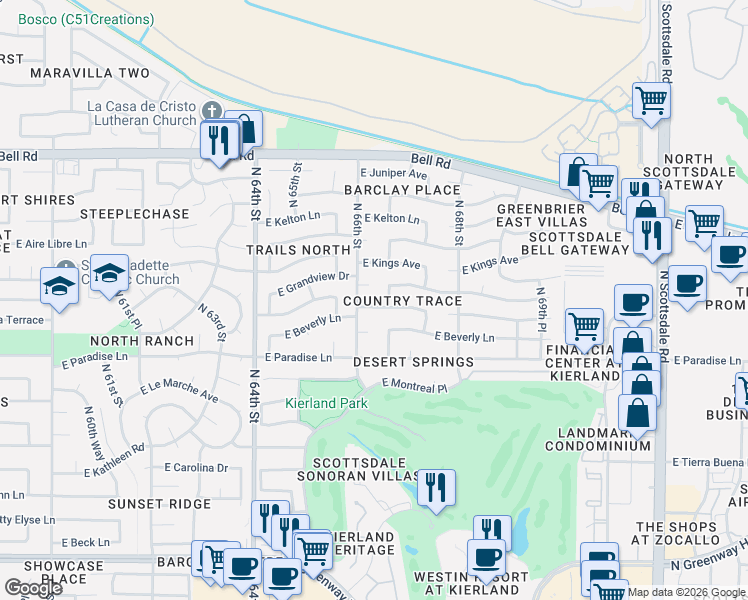 map of restaurants, bars, coffee shops, grocery stores, and more near 6625 East Sandra Terrace in Scottsdale