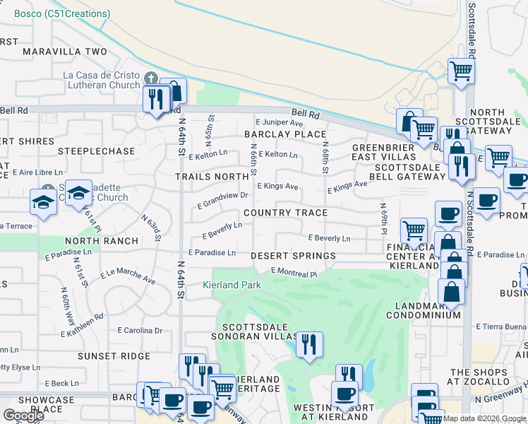 map of restaurants, bars, coffee shops, grocery stores, and more near 6625 East Sandra Terrace in Scottsdale