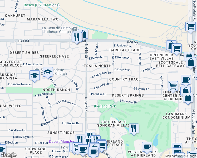 map of restaurants, bars, coffee shops, grocery stores, and more near 6452 East Beverly Lane in Scottsdale