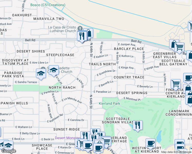 map of restaurants, bars, coffee shops, grocery stores, and more near 6413 East Sandra Terrace in Scottsdale